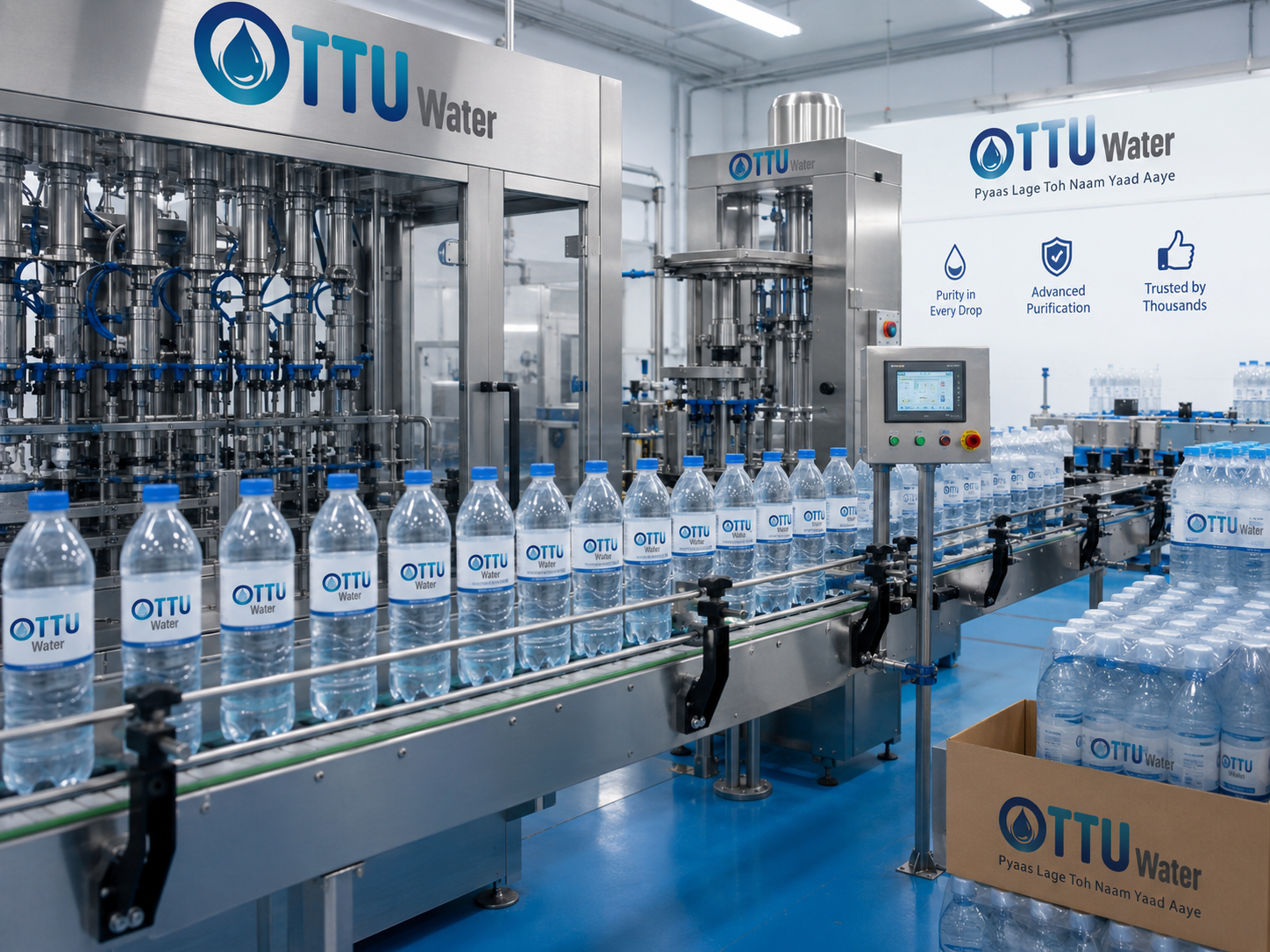 Hygienic bottle filling and packaging line for OTTU Water packaged drinking water